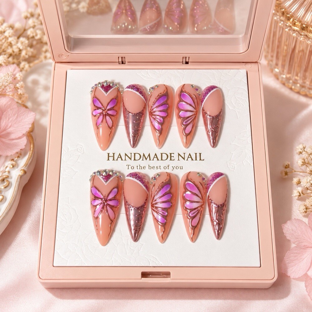 Reusable Pink Butterfly Press On Nails Size L Long Stiletto Rhinestone Set #004
